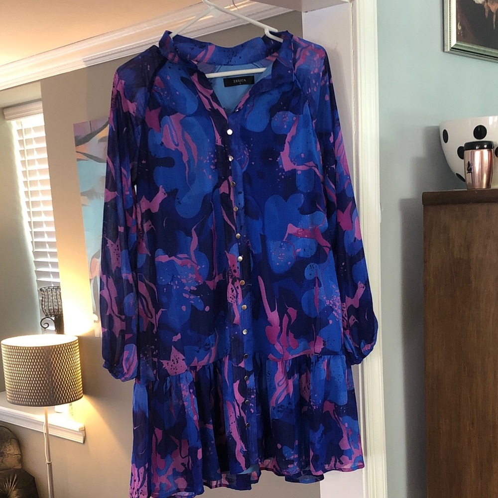 Women's Blue & Purple Printed Long-Sleeve Tiered Dress